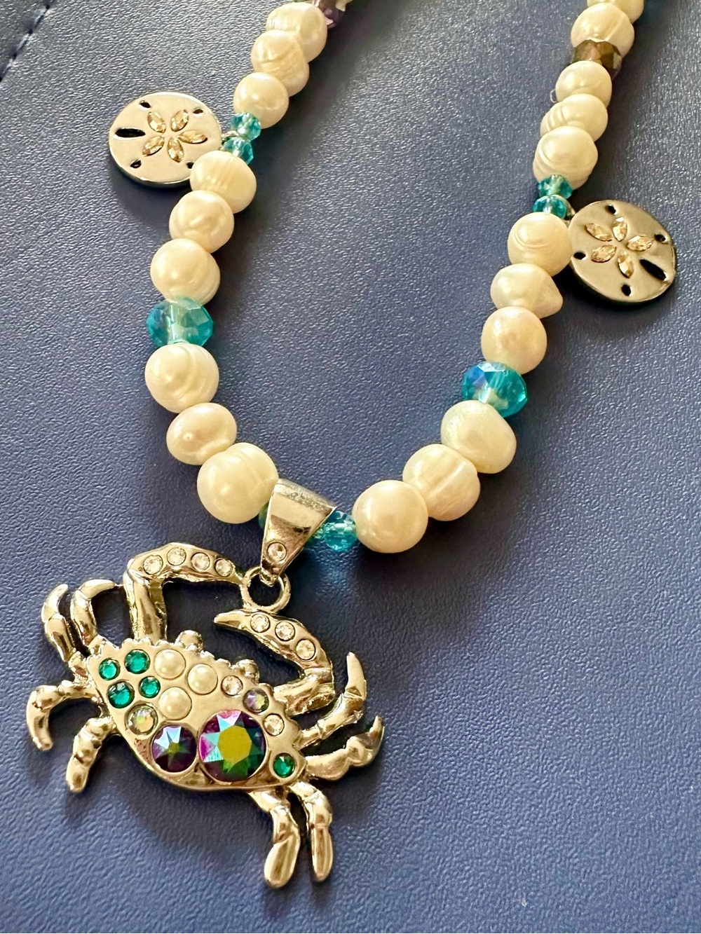 White Pearl Necklace with Swarovski Crystal Accents and Silver Crab Pendant - Picture 2 of 6